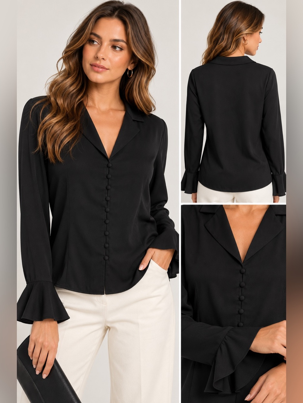 1.STATE Black Satin Button Front Ruffle Cuff Blouse NWT Size M